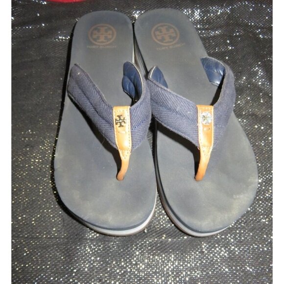 Tory Burch Navy Canvas Leather Logo Foam Wedge Flip Flop Sandals size 8 - Picture 1 of 7
